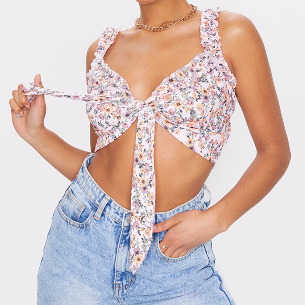 PrettyLittleThing Floral Printed Rib Ruffle Detail Bralette